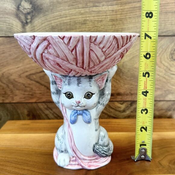 Vintage Kitty Cat Gray Tabby Kitten Yarn Ball Holder Bowl OCI Fitz & Floyd FLAWS - Picture 9 of 15